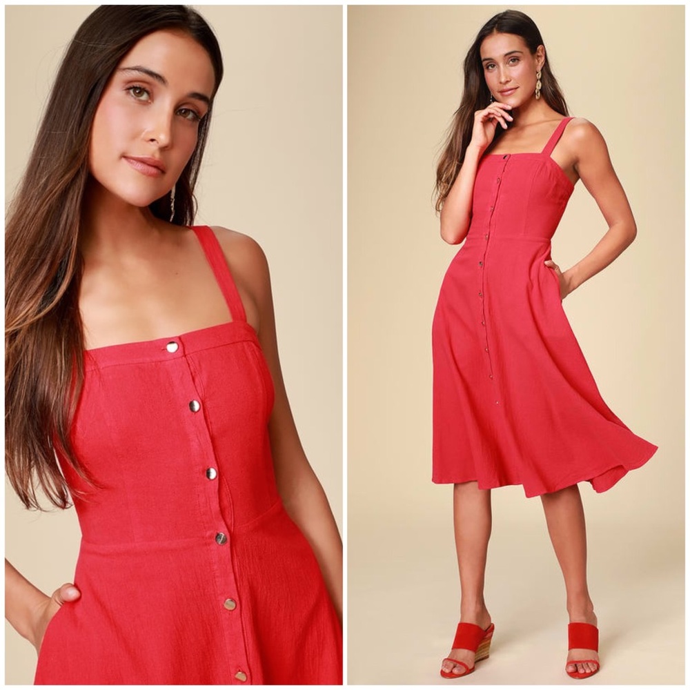 Pippie Red Button Front Sleeveless Midi Dress